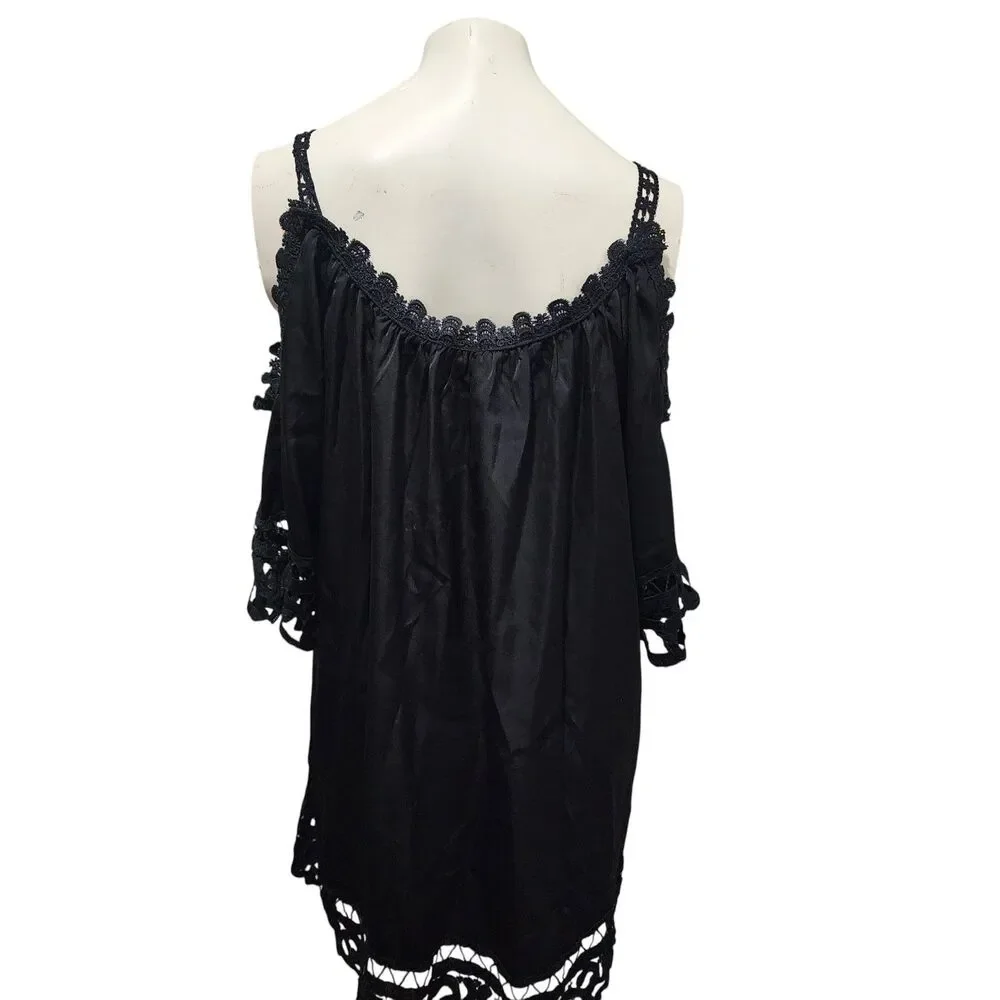 Meet.Curve Black Lace Swim Cover Up One Size Boho‎ Sheer Beach Resort